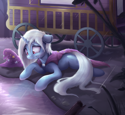Size: 1500x1387 | Tagged: safe, artist:vanillaghosties, trixie, pony, unicorn, cape, clothes, crying, female, floppy ears, hat, house of glass, mare, rain, sad, solo, trixie's cape, trixie's hat, trixie's wagon, wagon, wavy mouth