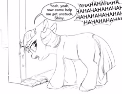 Size: 3300x2550 | Tagged: safe, artist:silfoe, twilight sparkle, unicorn twilight, pony, unicorn, black and white, blank flank, book, dialogue, female, filly, filly twilight sparkle, floppy ears, grayscale, horn impalement, implied shining armor, laughing, monochrome, sketch, solo, speech bubble, stuck, twilight getting stuck, younger