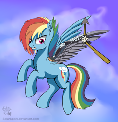 Size: 2313x2395 | Tagged: safe, artist:solarspark, rainbow dash, pegasus, pony, alternate timeline, amputee, apocalypse dash, atg 2017, augmented, crystal war timeline, high res, newbie artist training grounds, prosthetic limb, prosthetic wing, prosthetics, solo, spear, weapon