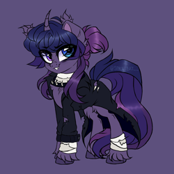 Size: 3690x3690 | Tagged: safe, artist:_spacemonkeyz_, derpibooru import, oc, oc only, oc:mauve, pony, unicorn, bandage, clothes, ear tufts, heterochromia, male, purple background, simple background, solo, stallion, torn clothes, unshorn fetlocks