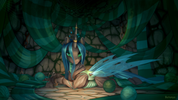 Size: 4444x2500 | Tagged: safe, artist:batonya12561, derpibooru import, queen chrysalis, changeling, changeling queen, pony, chains, exoskeleton, female, imprisoned, knitting, long scarf, prison, rock floor, solo, yarn, yarn ball