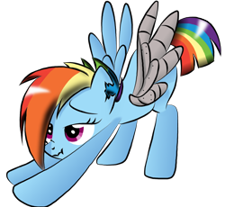 Size: 1500x1382 | Tagged: artist needed, safe, rainbow dash, pegasus, pony, alternate timeline, amputee, apocalypse dash, augmented, crystal war timeline, cute, dashabetes, female, iwtcird, mare, prosthetic limb, prosthetic wing, prosthetics, scrunchy face, simple background, solo, stretching, transparent background