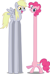 Size: 2586x3831 | Tagged: safe, derpy hooves, pinkie pie, pegasus, pony, duo, female, happy, high res, impossibly long legs, impossibly long neck, long legs, long neck, mare, simple background, smiling, tall pone, transparent background, underp, vector, wat