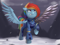 Size: 1400x1050 | Tagged: safe, artist:vanillaghosties, rainbow dash, pegasus, pony, the cutie re-mark, alternate timeline, amputee, apocalypse dash, atg 2017, augmented, crystal war timeline, female, mare, newbie artist training grounds, prosthetic limb, prosthetic wing, prosthetics, raised hoof, serious, serious face, solo, spread wings, wings