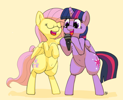 Size: 1280x1043 | Tagged: safe, artist:pabbley, fluttershy, twilight sparkle, twilight sparkle (alicorn), alicorn, pegasus, pony, belly button, bipedal, cute, duo, female, lesbian, microphone, shipping, shyabetes, singing, twiabetes, twishy