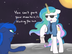 Size: 1024x768 | Tagged: safe, artist:vanillaghosties, princess celestia, princess luna, alicorn, pony, 2017 solar eclipse, atg 2017, clothes, confused, eclipse, female, floppy ears, frown, glare, hoof fluff, hoof hold, levitation, magic, mare, missing accessory, moon, necktie, newbie artist training grounds, on the moon, open mouth, parking ticket, pen, pointing, police, police uniform, raised hoof, shirt, sketch, space, speech bubble, sun, sunglasses, telekinesis, text, ticket