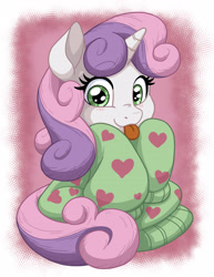 Size: 2550x3300 | Tagged: safe, artist:latecustomer, sweetie belle, pony, unicorn, clothes, cute, diasweetes, female, filly, foal, hnnng, looking at you, oversized clothes, smiling, smiling at you, solo, sweater, tongue out