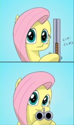 Size: 322x546 | Tagged: safe, artist:doublewbrothers, fluttershy, pegasus, pony, comic, cropped, delet this, double barreled shotgun, female, gun, mare, meme, reaction image, shotgun, simple background, solo, the fourth wall cannot save you, weapon