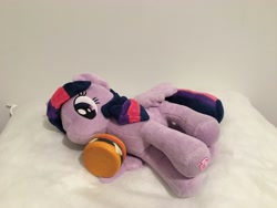 Size: 4032x3024 | Tagged: safe, derpibooru import, twilight sparkle, twilight sparkle (alicorn), alicorn, pony, 4de, borgarposting, bread, burger, burgie, cheese, cheeseburger, customization, cute, eating, female, food, hamburger, irl, lazy, lying down, mare, meat, my little pony logo, on side, photo, pillow, plushie, plushie eating a plushie, ponies eating meat, smiling, solo, sweet dreams fuel, that pony sure does love burgers, tomato, twiabetes, twilight burgkle, wing hold