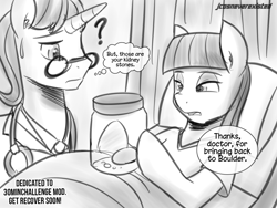 Size: 1600x1200 | Tagged: safe, artist:jcosneverexisted, doctor horse, doctor stable, maud pie, 30 minute art challenge, bottle, engrish, kidney stone, monochrome, sketch