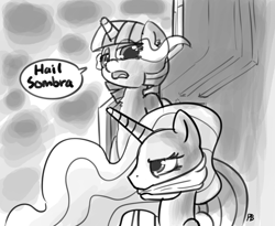 Size: 1280x1050 | Tagged: safe, artist:pabbley, princess celestia, twilight sparkle, alicorn, pony, 30 minute art challenge, captain america, captain hydra, hail hydra, marvel, monochrome