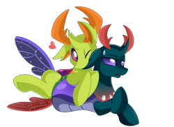 Size: 4094x2975 | Tagged: safe, artist:pridark, pharynx, thorax, changedling, changeling, pony, to change a changeling, brotherly love, brothers, changedling brothers, commission, cute, duo, ear bite, heart, king thorax, male, pharybetes, prince pharynx, prone, simple background, sweat, sweatdrop, thorabetes, transparent background, unamused