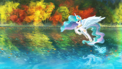 Size: 1920x1080 | Tagged: safe, artist:939163156, derpibooru import, princess celestia, alicorn, pony, autumn, crown, cute, cutelestia, female, jewelry, jumping, lake, leaves, mare, open mouth, pronking, regalia, scenery, solo, splash, spread wings, tree, wallpaper, wings