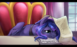 Size: 1590x978 | Tagged: safe, artist:kerydarling, princess luna, alicorn, pony, a royal problem, chair, cute, female, indoors, mare, newspaper, sad, sadorable, scene interpretation, scroll, signature, sitting, solo, window