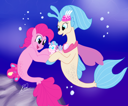 Size: 1280x1065 | Tagged: safe, artist:linadoonofficial, derpibooru import, pinkie pie, princess skystar, oc, hybrid, seapony (g4), baby, family, female, flower, flower in hair, interspecies offspring, lesbian, magical lesbian spawn, offspring, parent:pinkie pie, parent:princess skystar, parents:skypie, seaponified, seapony pinkie pie, shipping, skypie, species swap, underwater, water