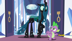 Size: 948x533 | Tagged: safe, edit, edited screencap, screencap, queen chrysalis, spike, changeling, changeling queen, dragon, the times they are a changeling, alternate ending, alternate scenario, awkward, crystal empire, cute, cutealis, discovery family logo, dork, dorkalis, duo, fake screencap, female, folded wings, former queen chrysalis, good end, insecure, looking away, male, nervous, parody, raised hoof, redemption, reformed, shy, smiling, throne room, vector, vector edit, what if