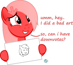 Size: 2200x1937 | Tagged: safe, artist:arifproject, oc, oc only, oc:downvote, earth pony, pony, cute, derpibooru, derpibooru ponified, dialogue, downvote bait, downvote's downvotes, downvotes are upvotes, holding, irony, meta, ocbetes, ponified, simple background, smiling, solo, stylistic suck, transparent background, you tried