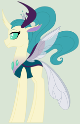 Size: 1568x2420 | Tagged: safe, artist:xxanimatorixx, queen chrysalis, changedling, changeling, changeling queen, a better ending for chrysalis, changedling queen, changedlingified, cute, cutealis, female, green background, purified chrysalis, reformed, side view, simple background, solo