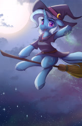 Size: 2200x3400 | Tagged: safe, artist:ardail, derpibooru import, trixie, pony, unicorn, broom, clothes, cute, detailed background, diatrixes, female, flying, flying broomstick, full moon, hat, high res, looking at you, magic, mare, moon, night, night sky, open mouth, sky, smiling, solo, stars, tongue out, underhoof, unshorn fetlocks, witch, witch costume, witch hat