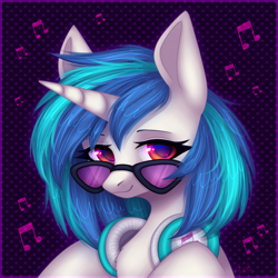 Size: 2000x2000 | Tagged: safe, artist:avrameow, derpibooru import, dj pon-3, vinyl scratch, pony, unicorn, abstract background, bust, chest fluff, female, headphones, high res, looking at you, mare, smiling, solo, sunglasses