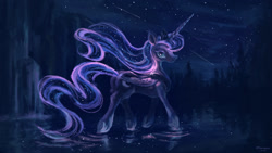 Size: 1920x1080 | Tagged: safe, artist:plainoasis, princess luna, alicorn, pony, crown, female, folded wings, jewelry, looking at you, mare, night, regalia, shooting star, shooting stars, smiling, solo, starry night, stars, walking on water, windswept mane