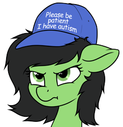 Size: 1634x1689 | Tagged: safe, artist:smoldix, oc, oc only, oc:anon filly, :t, autism, clothes, cute, female, filly, floppy ears, frown, glare, hat, looking up, meme, ocbetes, please be patient i have autism, scrunchy face, simple background, solo, transparent background