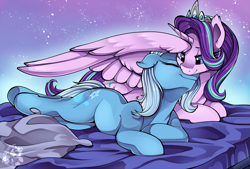 Size: 1107x750 | Tagged: safe, alternate version, artist:breioom, derpibooru import, starlight glimmer, trixie, alicorn, pony, unicorn, alicornified, bed, cloud, couple, cuddling, female, lesbian, mare, princess starlight glimmer, race swap, shipping, starlicorn, stars, startrix, xk-class end-of-the-world scenario