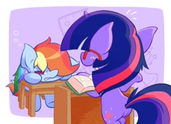 Size: 850x614 | Tagged: safe, artist:nyankamedon, rainbow dash, twilight sparkle, pegasus, pony, bipedal, blushing, book, bored, drool, glasses, hilarious in hindsight, lecture, pixiv, sleepy