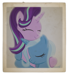 Size: 1200x1302 | Tagged: safe, artist:lightning stripe, artist:saphire-systrine, derpibooru import, starlight glimmer, trixie, pony, unicorn, couple, cuddling, cute, diatrixes, eyes closed, female, glimmerbetes, happy, hug, lesbian, mare, paper, shipping, show accurate, startrix