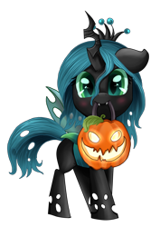 Size: 2998x4237 | Tagged: safe, artist:pridark, queen chrysalis, changeling, changeling queen, nymph, pony, absurd resolution, blushing, bucket, cute, cutealis, fangs, female, halloween, holiday, jack-o-lantern, looking at you, mouth hold, nightmare night, pridark is trying to murder us, pumpkin, pumpkin bucket, simple background, solo, transparent background, younger