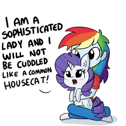 Size: 1650x1650 | Tagged: safe, artist:tjpones, rainbow dash, rarity, pony, unicorn, equestria girls, behaving like a cat, blushing, chest fluff, crossed legs, cute, dashabetes, denial, dialogue, duo, ear fluff, female, holding a pony, i'm not cute, madorable, mare, multicolored hair, non-consensual cuddling, open mouth, pony pet, raribetes, raricat, simple background, tsundere, tsunderity, white background