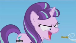 Size: 1200x675 | Tagged: safe, screencap, starlight glimmer, pony, unicorn, the cutie re-mark, discovery family logo, faic, female, glare, i'm gay, lesbian, mare, meme, open mouth, s5 starlight, sky, smiling, smirk, solo, text, wat, wide eyes, youtube caption