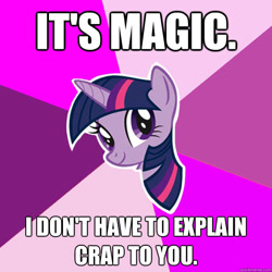 Size: 600x600 | Tagged: safe, twilight sparkle, atop the fourth wall, image macro, it's magic, magic, meme, solo