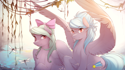 Size: 2560x1440 | Tagged: dead source, safe, artist:antiander, cloudchaser, flitter, dragonfly, pegasus, pony, bow, duo, duo female, female, hair bow, large wings, mare, raised hoof, spread wings, tongue out, wallpaper, wings