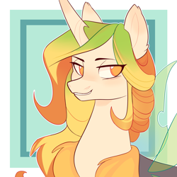 Size: 1500x1500 | Tagged: safe, artist:waackery, derpibooru import, oc, oc:motyl, changedling, changeling, bust, changedling oc, changeling oc, colored, female, looking at you, smiley face, smiling, smug, tufts