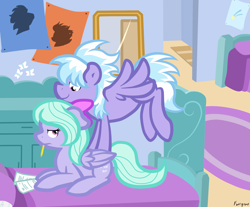 Size: 2542x2104 | Tagged: dead source, safe, artist:furrgroup, cloudchaser, flitter, pegasus, pony, bed, bedroom, bow, digital art, duo, duo female, female, flitter is not amused, floppy ears, flying, hair bow, mare, mirror, mouth hold, paper, pencil, signature, smiling, spread wings, studying, unamused, wings