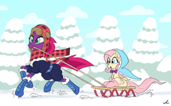 Size: 2895x1800 | Tagged: safe, artist:docwario, fizzlepop berrytwist, fluttershy, tempest shadow, pegasus, pony, unicorn, my little pony: the movie, broken horn, clothes, cute, daaaaaaaaaaaw, female, pine tree, precious, pulling, scarf, shyabetes, sled, smiling, snow, tempestbetes, tree, winter outfit