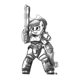 Size: 1280x1363 | Tagged: safe, artist:pabbley, applejack, earth pony, pony, semi-anthro, armor, bipedal, fallout, fallout 4, gun, monochrome, powered exoskeleton, solo, weapon