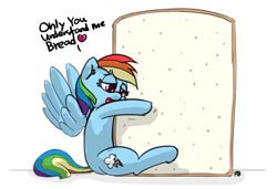 Size: 1280x877 | Tagged: safe, artist:pabbley, rainbow dash, pegasus, pony, bread, cargo ship, colored pupils, dialogue, female, floating wings, food, heart, hug, lidded eyes, mare, open mouth, rainbread, shipping, simple background, smiling, solo, spread wings, wat, white background, wings