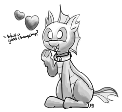 Size: 1280x1170 | Tagged: safe, artist:pabbley, changeling, collar, cute, happy, heart, implied twilight sparkle, monochrome, offscreen character, pet play, solo