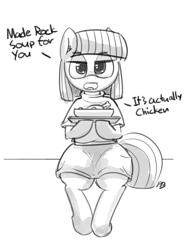 Size: 1280x1716 | Tagged: safe, artist:pabbley, maud pie, chicken, food, monochrome, solo, soup