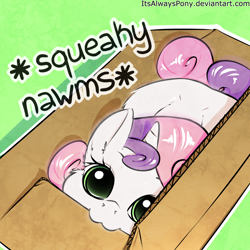 Size: 2000x2000 | Tagged: safe, artist:itsalwayspony, sweetie belle, pony, unicorn, :3, behaving like a cat, biting, box, cardboard box, cheek fluff, colored pupils, cute, daaaaaaaaaaaw, descriptive noise, diasweetes, dilated pupils, ear fluff, female, filly, green background, happy, hnnng, horn, itsalwayspony is trying to murder us, kitty belle, leg fluff, looking at you, looking up, mouth hold, nom, ponified animal photo, pony in a box, prone, puffy cheeks, simple background, solo, squeak, squeaky belle, text, weapons-grade cute, wide eyes