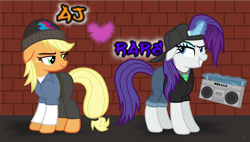 Size: 2848x1614 | Tagged: safe, artist:anime-equestria, derpibooru import, applejack, rarity, earth pony, pony, unicorn, alternate hairstyle, backwards ballcap, baseball cap, beanie, belt, boombox, brick wall, cap, clothes, cute, duo, eyeshadow, female, glowing horn, graffiti, hat, hip hop, hoodie, horn, jeans, lesbian, long sleeves, magic, makeup, mare, pants, rarijack, shipping, shirt, smiling, smirk, vector