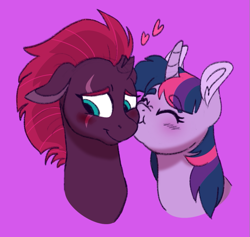 Size: 737x700 | Tagged: safe, artist:sandwichbuns, derpibooru import, fizzlepop berrytwist, tempest shadow, twilight sparkle, alicorn, pony, unicorn, blushing, broken horn, female, floppy ears, heart, horn, kiss on the cheek, kissing, lesbian, mare, purple background, scar, shipping, simple background, tempestlight