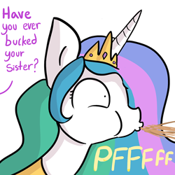 Size: 750x750 | Tagged: safe, artist:tjpones, princess celestia, twilight sparkle, twilight sparkle (alicorn), alicorn, pony, comic, dialogue, innocent innuendo, offscreen character, out of context, puffy cheeks, simple background, single panel, solo, spit take, white background, wide eyes