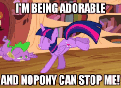 Size: 480x349 | Tagged: safe, derpibooru import, edit, edited screencap, screencap, spike, twilight sparkle, twilight sparkle (alicorn), alicorn, dragon, pony, three's a crowd, abuse, adorkable, and nopony can stop me, animated, caption, cute, dork, eyes closed, female, gif, golden oaks library, happy, levitation, library, magic, male, mare, open mouth, prancing, smiling, spikeabuse, telekinesis, twiabetes