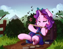 Size: 900x698 | Tagged: safe, artist:saxopi, pony, unicorn, abigail (stardew valley), cute, flute, musical instrument, ponified, solo, stardew valley