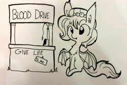 Size: 1280x855 | Tagged: safe, artist:tjpones, oc, oc only, oc:brownie bun, bat pony, pony, undead, vampire, vampony, bat ponified, blood donation, chest fluff, cute, ear fluff, fangs, fluffy, lineart, looking at you, monochrome, race swap, seems legit, sitting, smiling, solo, spread wings, traditional art