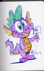 Size: 703x1137 | Tagged: safe, artist:spongefox, derpibooru import, spike, dragon, fangs, hi, male, sign, smiling, solo, traditional art