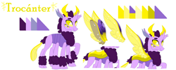 Size: 1387x555 | Tagged: safe, artist:latiapainting, oc, oc:troncanter, changedling, changeling, spider, changedling oc, changeling oc, fluffy, horns, raised hoof, reference sheet, reformed, simple background, solo, white background